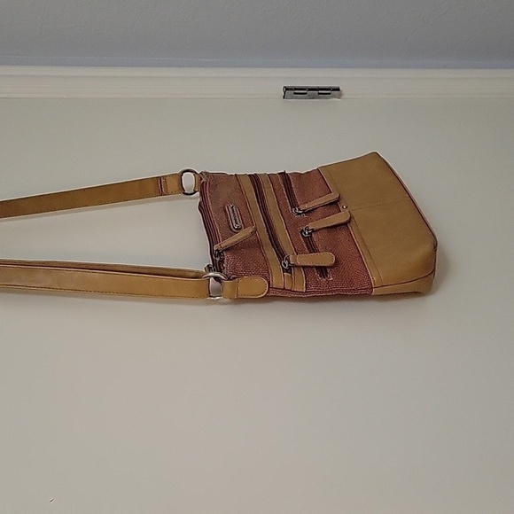 Vtg STONE MOUNTAIN Canvas Faux Leather Three Compartment Carpet Shoulder Bag - Picture 4 of 16
